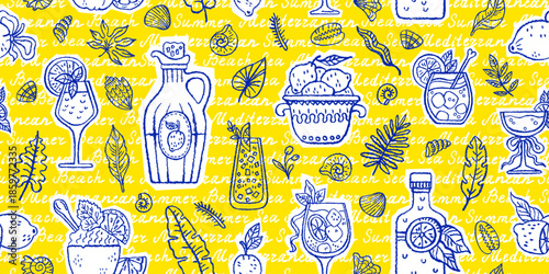 Limoncello and Mediterranean lemons seamless pattern. Limoncello cocktail italian hand drawn background. Doodle lemon fruits seamless pattern. Summer watercolor italian coastal bg. Mediterranean wine