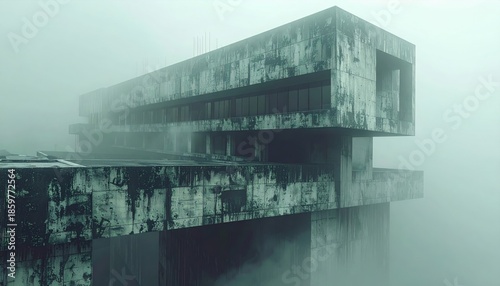 Abandoned building covered in mist with weathered concrete and broken windows in an empty landscape during overcast weather