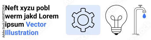 Gear symbolizing mechanics, light bulb for creativity, and faucet with droplet for conservation. Ideal for environment, energy, engineering, innovation, problem-solving, sustainability concepts