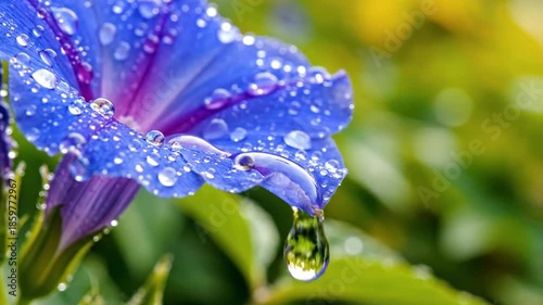 Close up of a blue flower with water droplets outdoors in natural sunlight