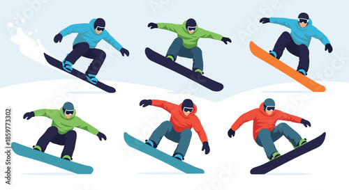 Dynamic collection of snowboarders in various action poses performing jumps and tricks on a snowy mountain slope background in flat style.