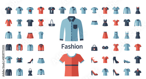 Extensive collection of fashion and clothing icons showcasing various tops, dresses, skirts, shoes, and bags for men and women on white.