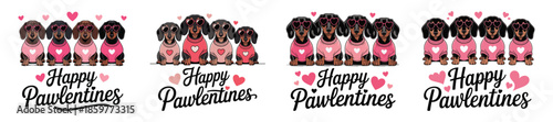 Four dachshund family groups wearing sunglasses and pink sweaters celebrating happy pawlentine day