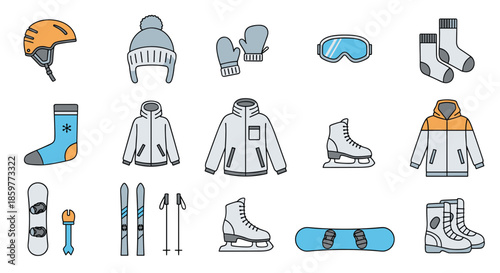 Selection of winter sports and clothing icons featuring helmets, gloves, jackets, skates, skis, and snowboards on a clean white background.