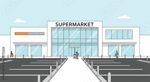 Exterior view of a modern supermarket building with large glass windows and people with shopping carts in the empty parking area.