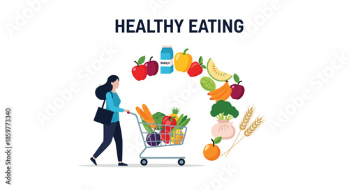 Woman pushing a shopping cart filled with fresh vegetables and fruits under the heading of healthy eating concepts on a white background.