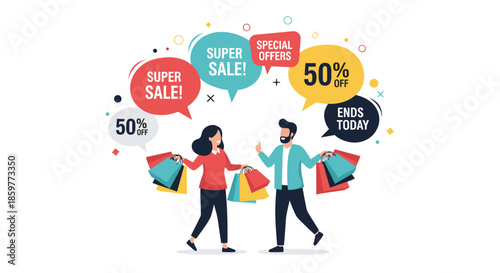 Happy couple walking with shopping bags under various colorful speech bubbles promoting sales, discounts, and special offers in retail.