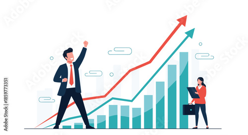 Successful business people celebrating financial growth represented by rising arrows and upward trending bar charts on a white background.