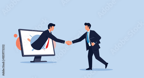 Businessman coming out of a computer monitor to shake hands with another professional, representing global digital business partnerships.