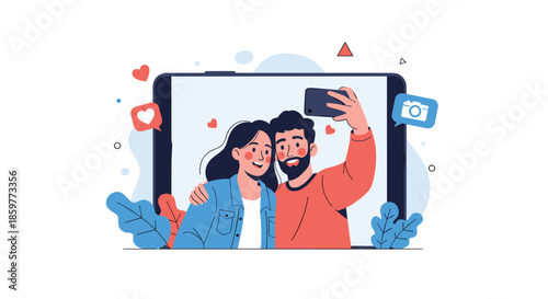 Happy young couple taking a selfie together on a smartphone with decorative heart icons and a camera bubble on a clean white background.