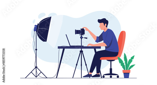 Professional photographer working at a desk with a camera, tripod, laptop, and studio lighting equipment in a modern office workspace.