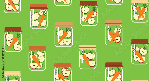Vibrant pattern showing glass jars filled with apple halves and a carrot, arranged on a bright green background for textile and wallpaper.
