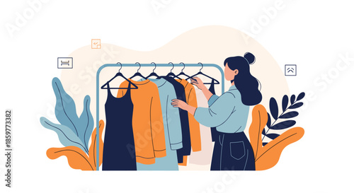 Woman standing in front of a clothing rack, browsing through various garments like dresses and sweaters in a stylish store or home closet.