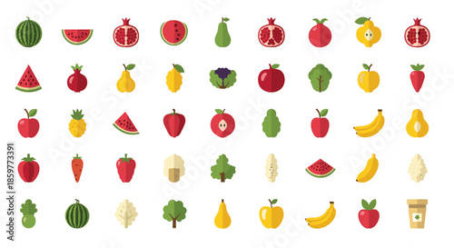 Large set of colorful fruit and vegetable icons including watermelon, pomegranate, pear, apple, banana, and citrus on a white background.