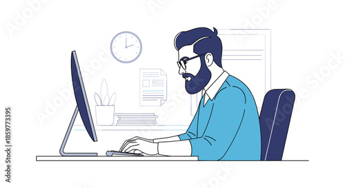 Professional man working on desktop computer at office desk with clock and papers on the wall in flat style.