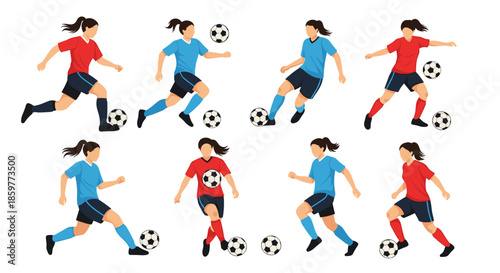 Collection of female soccer players in red and blue uniforms in various dynamic game action poses with balls.