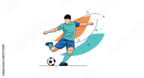 Dynamic illustration of a soccer player kicking a ball with colorful abstract background shapes in sports theme.