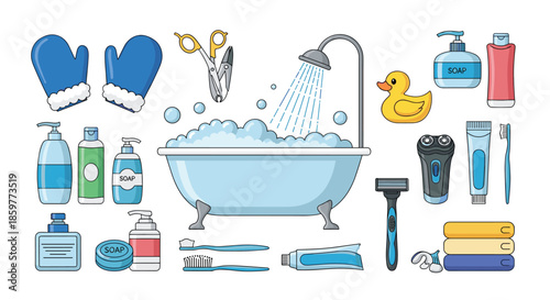 Extensive collection of bathroom and personal hygiene items including bathtub soap shampoo razor and towels.