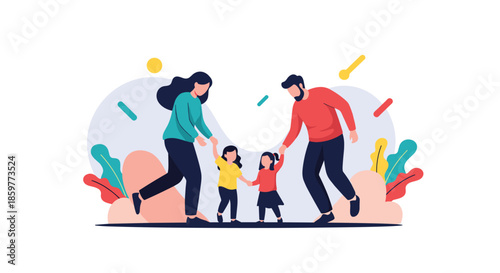 Happy parents playing and dancing with their two little daughters in a vibrant and abstract indoor setting.