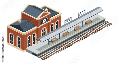 Isometric view of a classic red brick train station building with a platform, wooden benches, and tracks stretching into the distance.