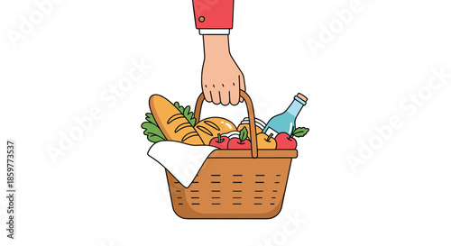 Human hand in a red jacket sleeve carries a wicker picnic basket filled with a baguette, a bottle of wine, apples, and green leaves.