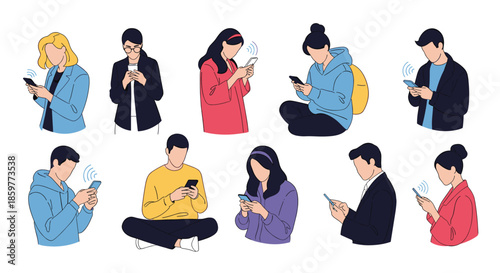 Collection of diverse men and women in various poses and outfits actively using their smartphones for communication and social networking.