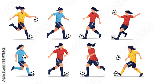 Set of female soccer players in blue, red, and yellow uniforms performing different actions like running, kicking, and dribbling the ball.