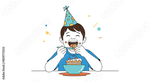 Young boy wearing a blue party hat with yellow polka dots happily eats a piece of cake with a spoon during a birthday celebration.