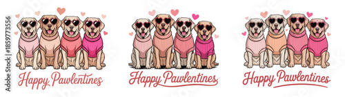 Four cute golden retrievers celebrating pawlentines day wearing sunglasses and pink sweaters