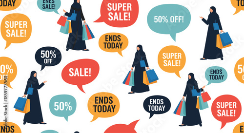 Seamless pattern featuring women in black abayas carrying shopping bags mixed with colorful speech bubbles announcing sales and discounts.