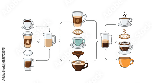 Detailed flowchart explaining various coffee recipes and the steps for preparing different types of drinks.