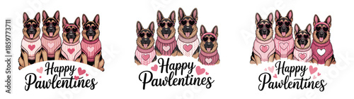 Happy Pawlentines German Shepherd dogs wearing heart sunglasses and sweaters celebrating love