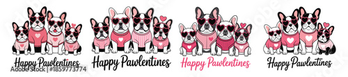 French bulldog family group celebrating pawlentines holiday with various matching outfits