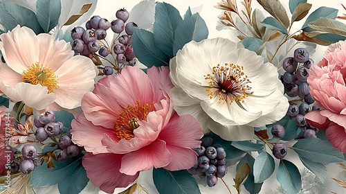 Stunning peony blossoms and roses together high resolution picture