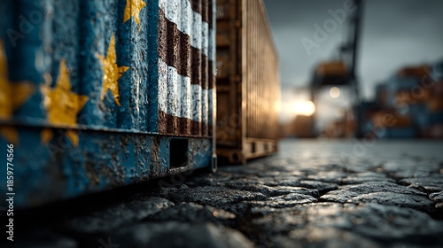 Trade war policy in development.United States tariffs government import taxation for Europe,to increase the American economy.Industrial Tariffs growth.Import Trade Tariffs increase.