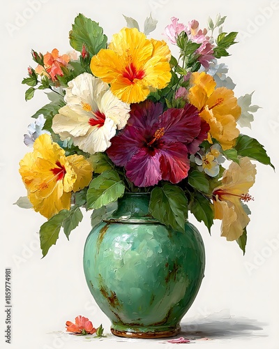 Vibrant yellow and red hibiscus blossoms artwork high resolution image