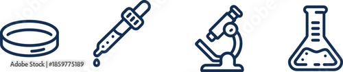 Isolated science equipment icons including a petri dish pipette microscope and flask on transparent background

