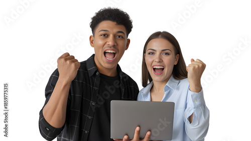 Two individuals, a man and a woman, both appearing ecstatic. They are holding a tablet in their hands and are positioned side by side.