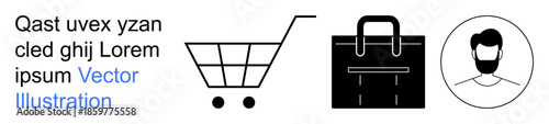 E-commerce, online shopping, digital commerce, user interfaces, business services, retail. Shopping cart, briefcase and user symbol in minimal black design. E-commerce and user interface concept