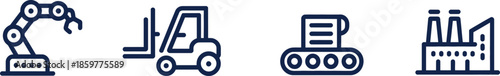 Four industrial icons depicting automation factory construction and manufacturing on transparent background

