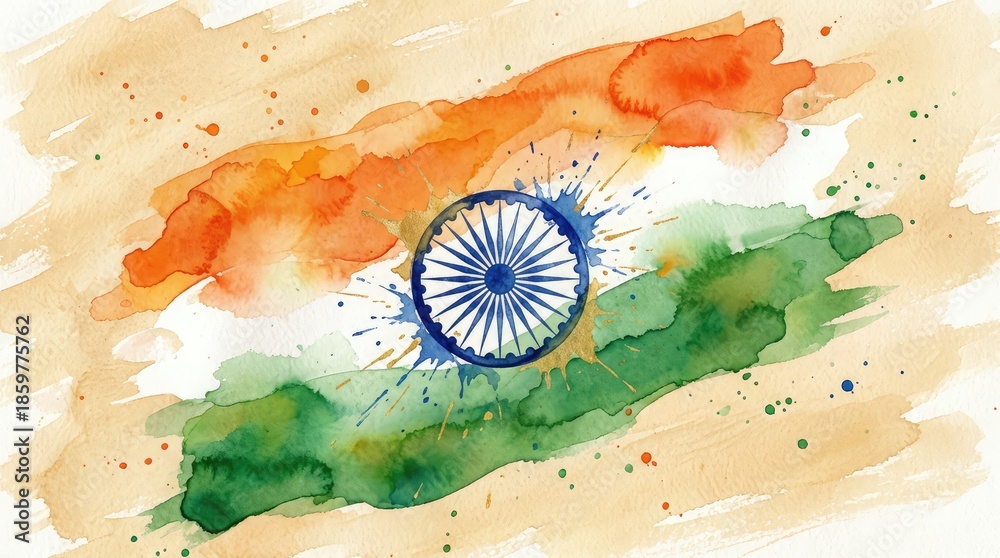 Fototapeta premium Watercolor style image of the indian flag with orange, white, and green stripes and a blue chakra in the center