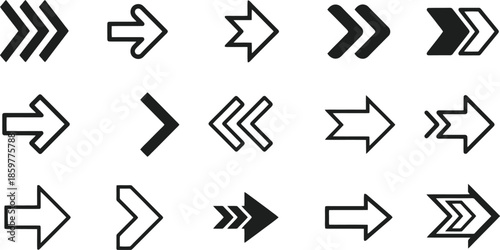 Collection of Various Black Arrows on White Background.