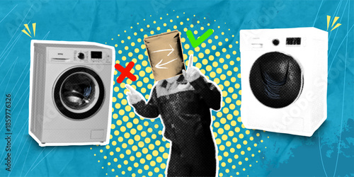 Choosing home appliances: a trendy halftone collage in a pop art style. A repairman gives advice on choosing a washing machine, explaining the features of a new one; smart retail.