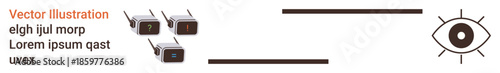 Security systems, surveillance, monitoring, privacy, protection, awareness. Three surveillance cameras and an eye symbol. Surveillance and security systems conceptual
