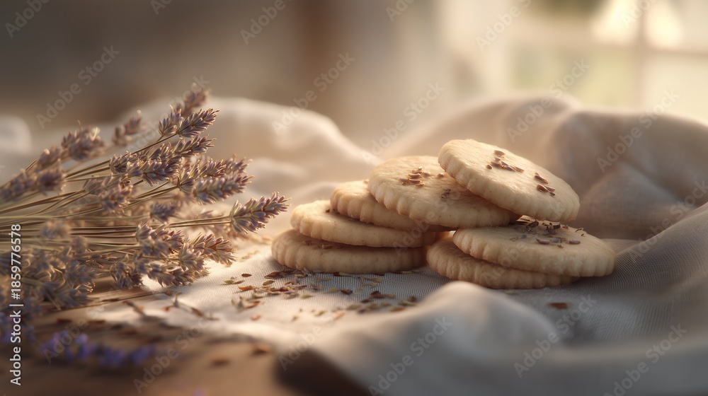 Fototapeta premium Lavender Shortbread Cookies with Scalloped Edges and Rustic Floral Styling in Warm Ligh