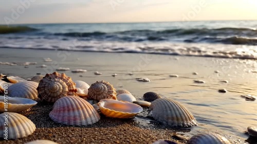 Close up of seashells on the beach with water in background during daylight hours