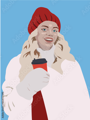 Beautiful girl in winter clothes with a cup of hot beverage, blue background