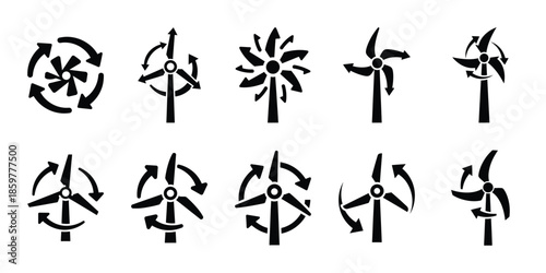 wind energy arrows icon set vector silhouette on transparent background. Ecology energy silhouette icons.