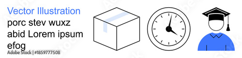 Shipping logistics, time management, education, e-learning, academic achievements, and delivery services. Box, clock and graduate cap icon in a minimal design. Shipping and time management concepts