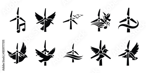 wind energy harmony icon set vector silhouette on transparent background. Ecology energy silhouette icons.